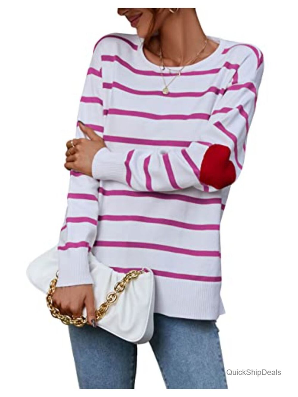 Striped Heart Elbow Patch Pullover Sweater Crew Neck Long Sleeve